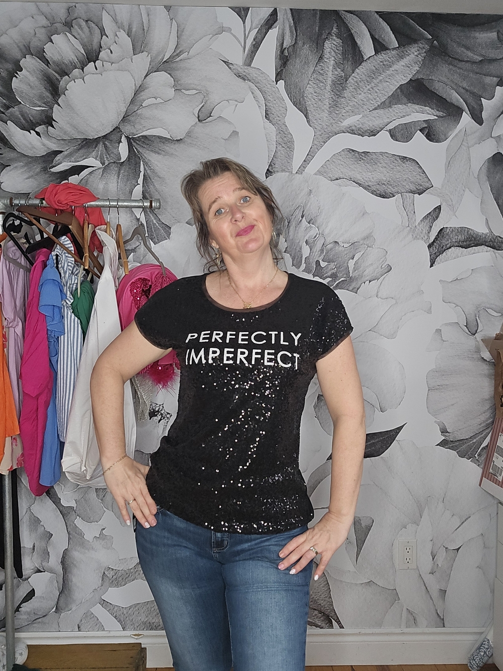 Perfectly Imperfect Black Sequin Graphic Tee - Women